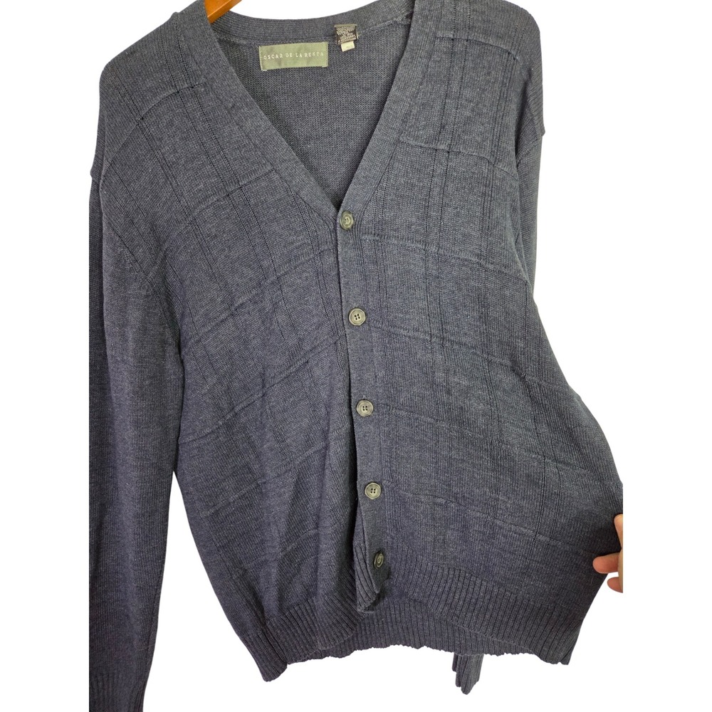 Oscar de la Renta Mens Navy Blue Plaid Button Front V Neck Cardigan Sweater‎ XL - Picture 5 of 6